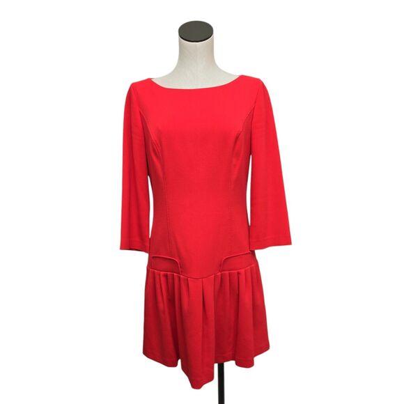 Eliza J‎ Women’s Round Neck Long Sleeve Mini Sheath Dress Size 10 Red Drop Waist - Picture 7 of 12